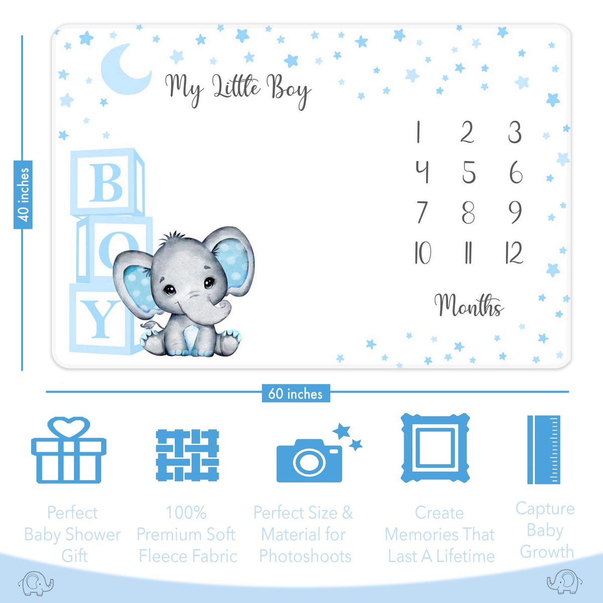 Baby Monthly Milestone Blanket Boy - Premium Extra Soft Fleece Blanket for Baby Shower - Newborn Month Milestone Blanket for Baby Boy Nursery Decor - Capture Baby Growth - with Baby Bib + 2 Frames