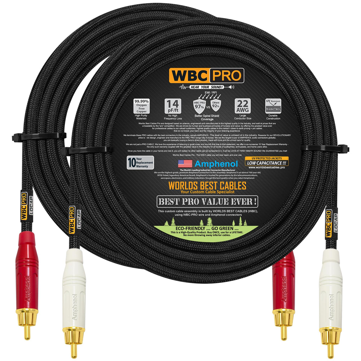 Cables RCA WBC-PRO-LOCAP 30 Pies Baja Capacitancia Audiófilo Conectores Amphenol ACPR Gold