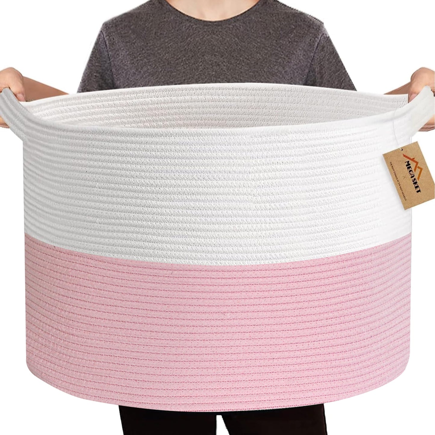 MEGASKET Cestas de almacenamiento rosas para organizar, 22 x 22 x 14 pulgadas, cesta de manta XXXL para sala de estar, cesta de juguetes grande, cestas tejidas de cuerda de algodón rosa suave para almacenamiento, cestas decorativas para guardería