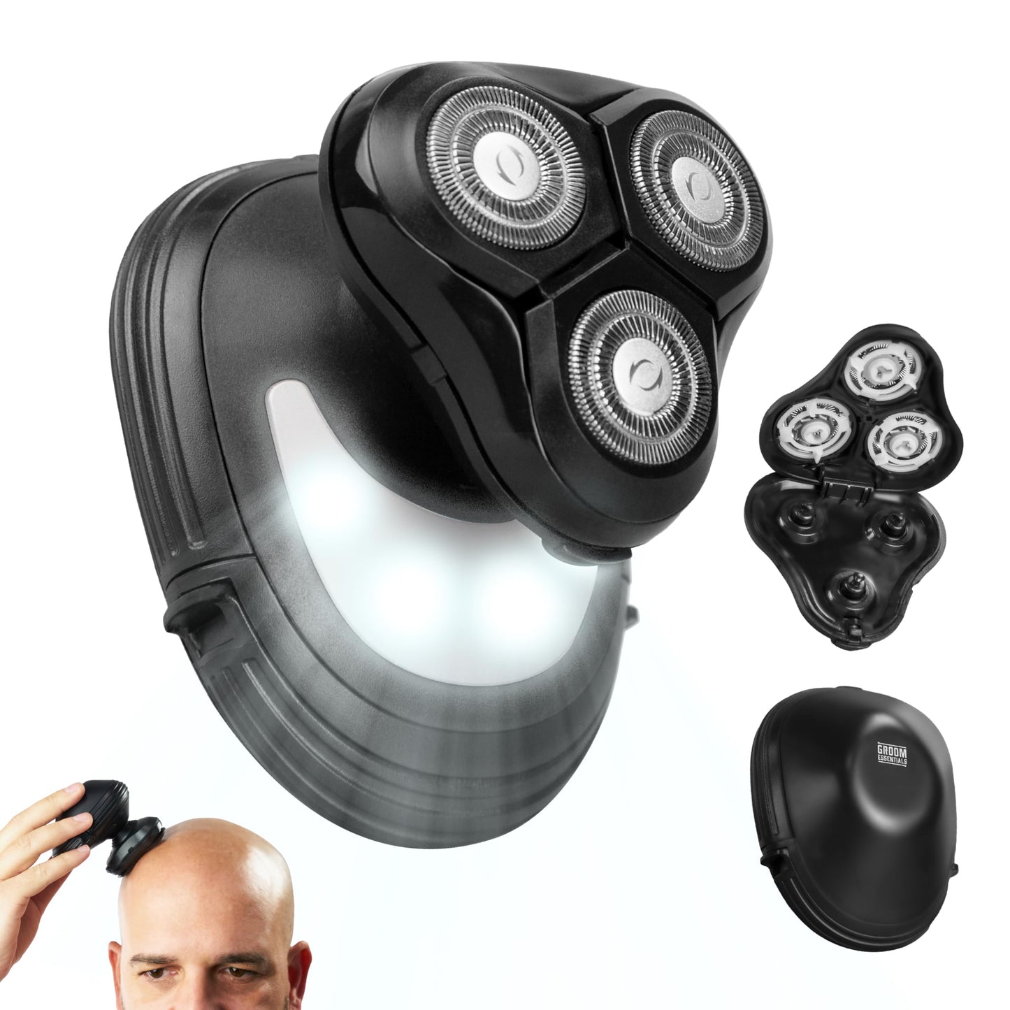 CHARGEWORX Groom Essentials 3D Rotary Face y Head Shaver para Hombres, Luz Led | Afeitadoras Eléctricas Compactas A Batería, Inalámbricas para Hombres, 3 Cabezas Flotantes - Maquinilla de Afeitar Eléc