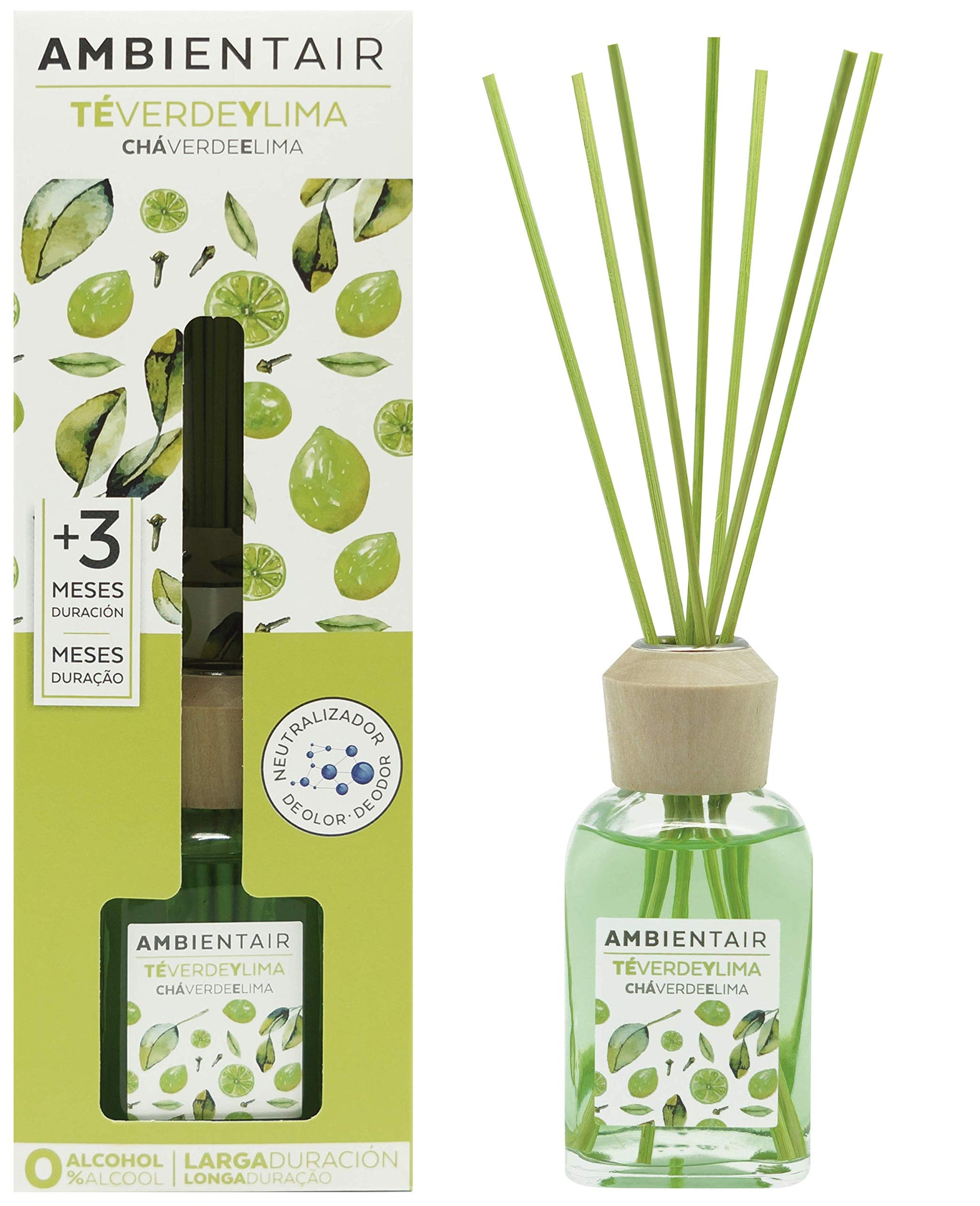 Ambientair Difusor Mikado 100 ml con Varillas de Ratán – Aroma Té Verde y Lima – Aromatizante de Ambiente en Frasco de Vidrio – Larga Duración