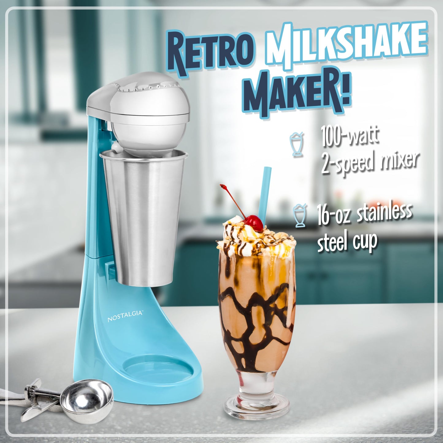 Mezclador Eléctrico Nostalgia Azul de Dos Velocidades con Taza y Varilla de Acero Inoxidable