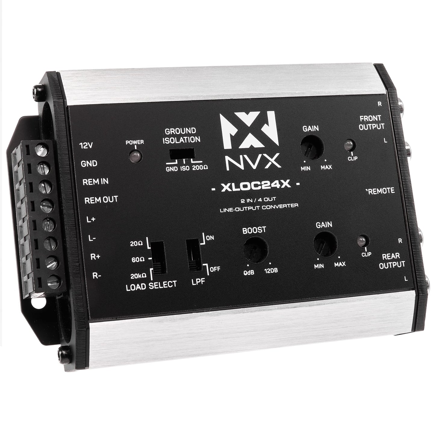 NVX XLOC24X Convertidor de salida de línea activa de alto voltaje con 2 entradas / 4 salidas con coincidencia de impedancia y control de nivel remoto