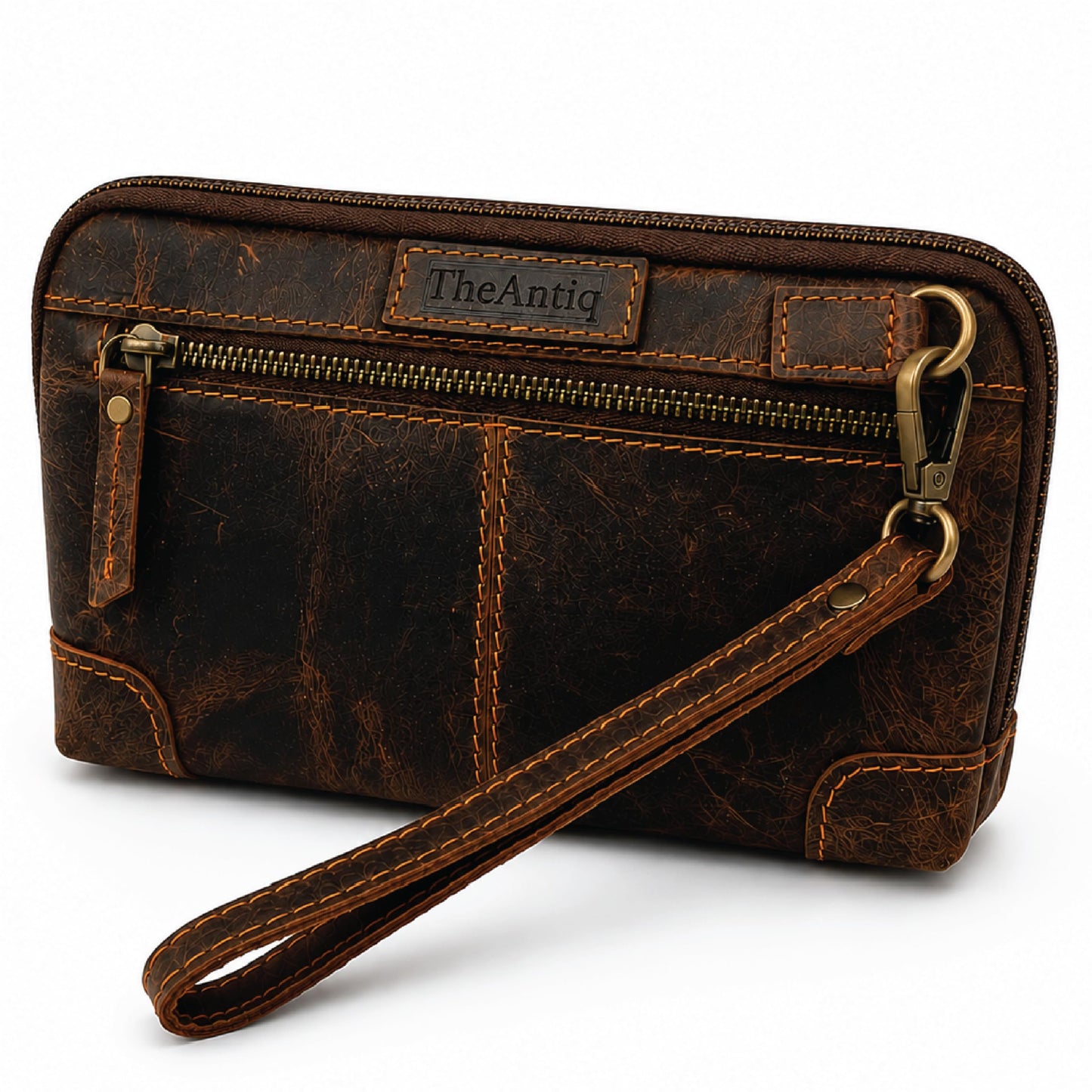 TheAntiq - Bolsa de maquillaje de piel auténtica, organizador de viaje, bolsa de cosméticos hecha a mano, con cierre y correa para la muñeca, Bolsa de maquillaje de viaje café, Estándar