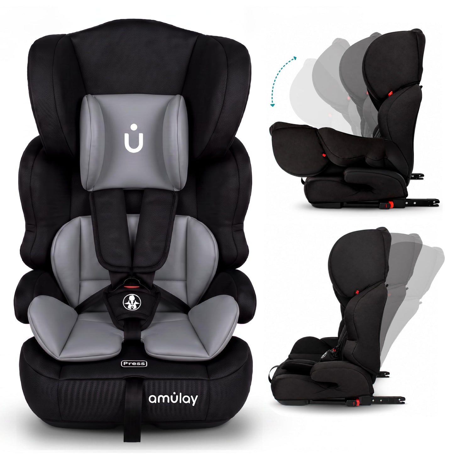 Amulay Autoasiento Booster ISOFIX Grupo 1-2-3, Convertible, Gris