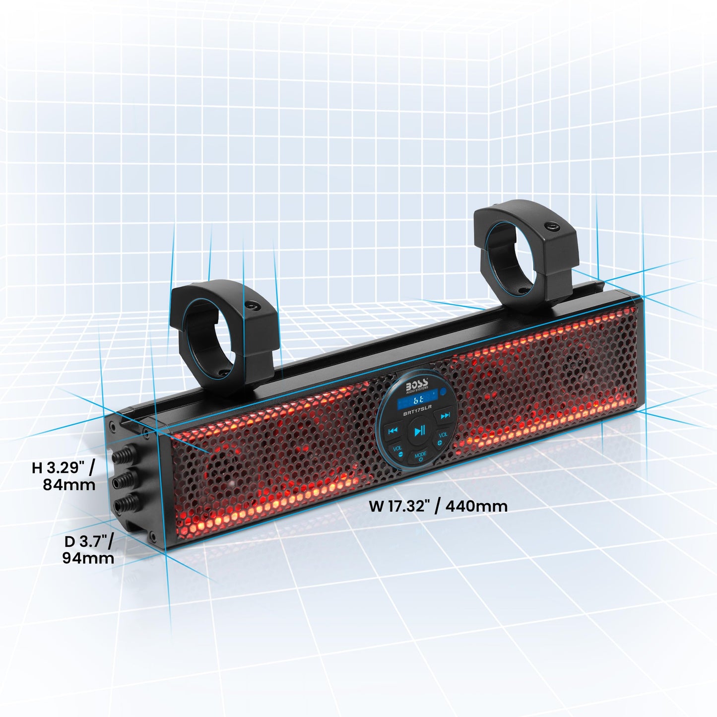 BOSS Audio Systems BRT17SLR - Barra de Sonido para ATV UTV, 17 Pulgadas de Ancho, Altavoces de 3 Pulgadas, tweeters de 1 Pulgada, Rango Completo, IPX5 Resistente a la Intemperie, Bluetooth