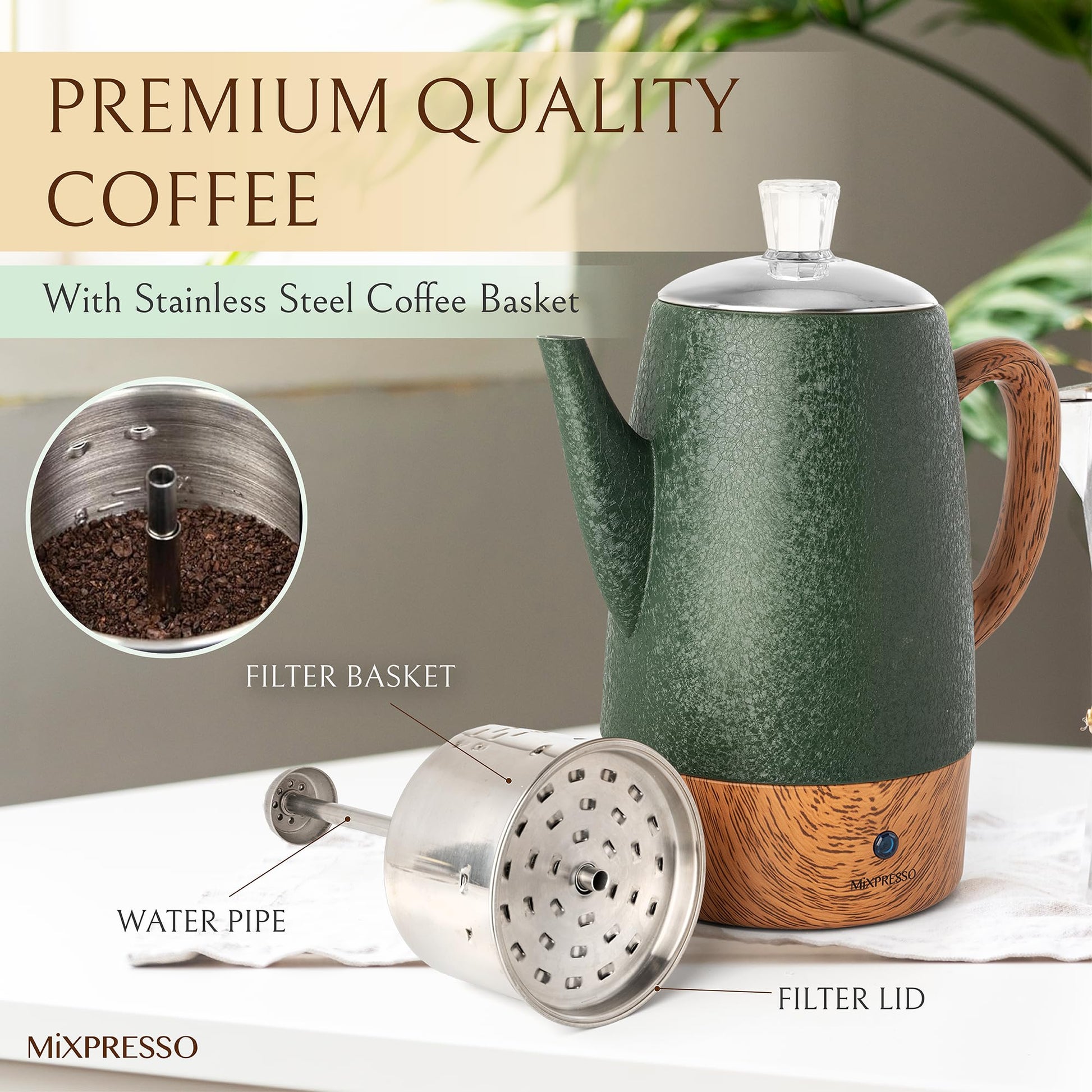 Cafetera Mixpresso Verde con Percolador Eléctrico de Acero Inoxidable, Función Mantener Calor, 10 Tazas