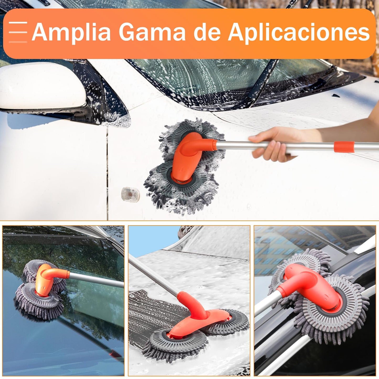 BYHANG Cepillo para Lavar Carros con Mango Largo, Juego de Cepillos para Limpieza de Coches, con 360° Cepillo Giratorio de Doble Cabezal, para Limpiar Coches, Neumáticos (Color Naranja)
