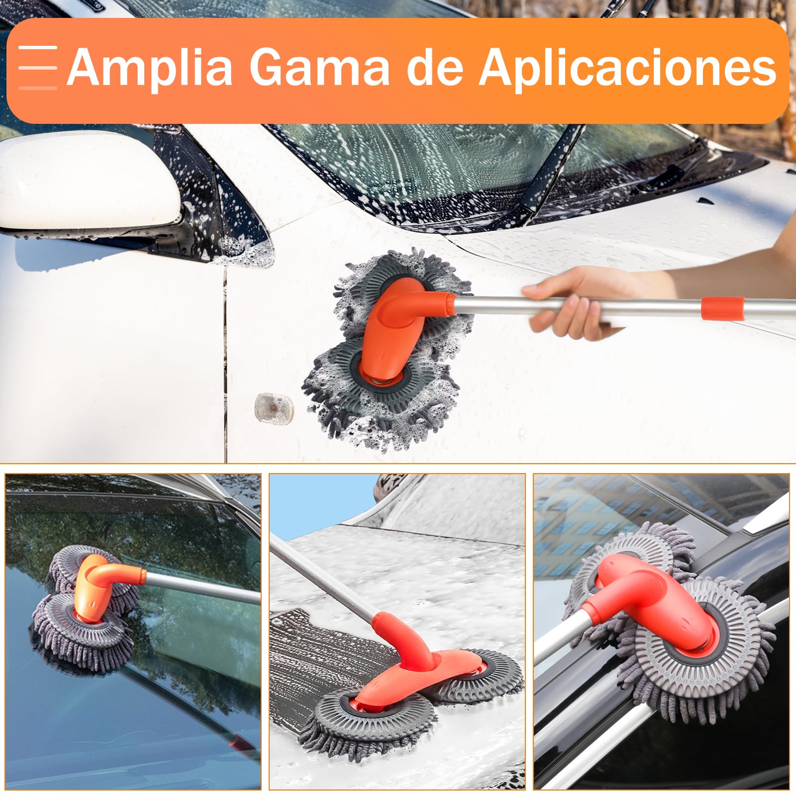 BYHANG Cepillo para Lavar Carros con Mango Largo, Juego de Cepillos para Limpieza de Coches, con 360° Cepillo Giratorio de Doble Cabezal, para Limpiar Coches, Neumáticos (Color Naranja)