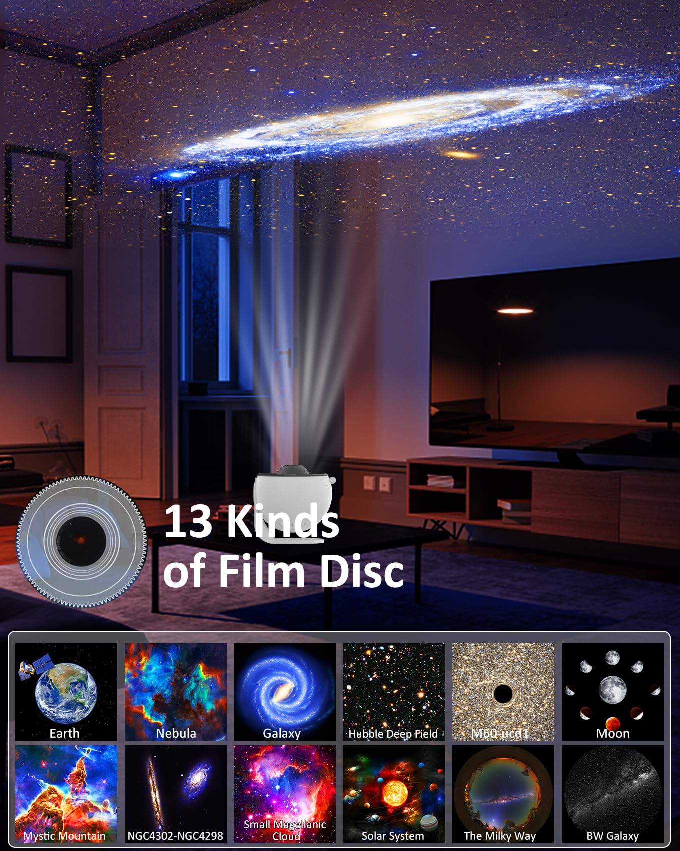 Proyector de planetario para recámara, proyector de estrella 13 en 1, luz de galaxia, luz nocturna de techo, iluminación de humor de la vía láctea con rotación de 360° con temporizador, lámpara LED de