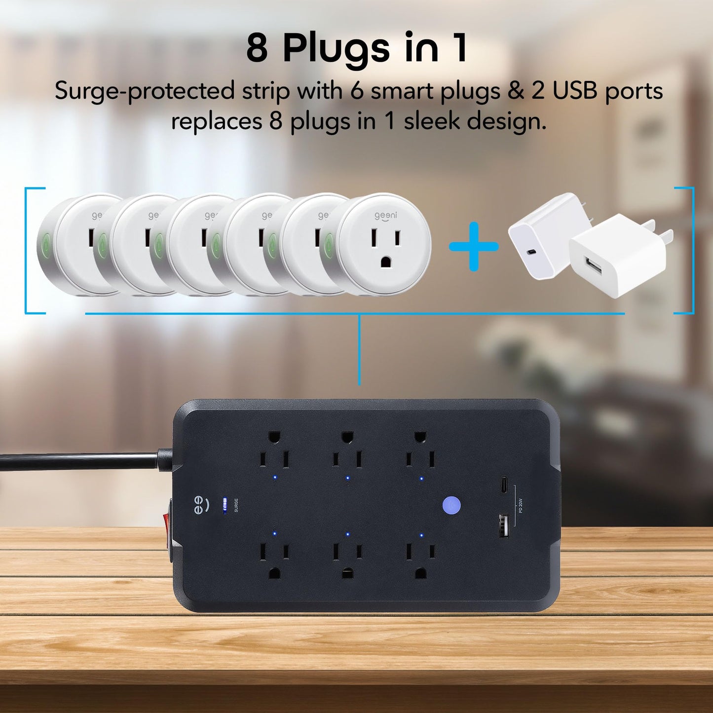 Geeni Surge Smart Power Strip, 6 tomacorrientes con 2 puertos USB, protección contra sobretensiones 12000J, monitoreo de energía, control de voz compatible con Alexa y Google Assistant, control remoto