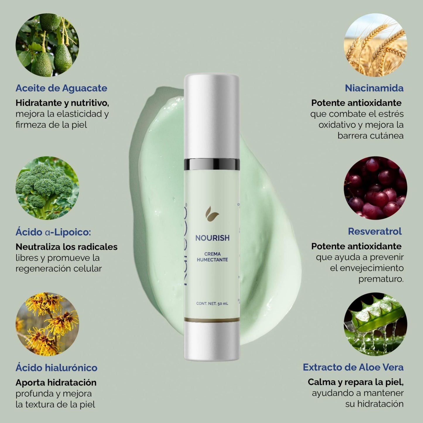 KareCo NOURISH Crema Hidratante Facial | Resveratrol y Acido Hialuronico |Hidrata profundamente y rejuvenece tu pie | combatiendo el envejecimiento prematuro y mejorando la elasticidad | skin care