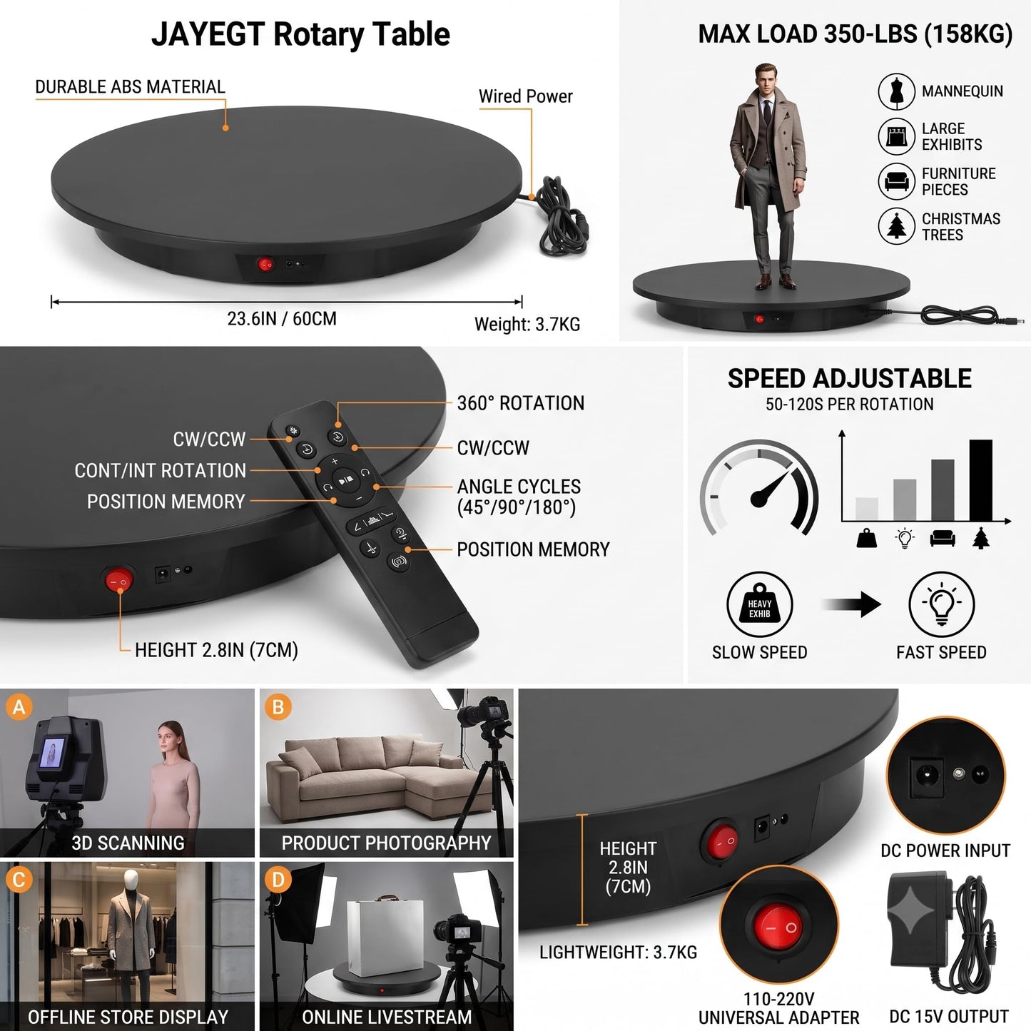 JAYEGT - Soporte de visualización giratorio motorizado, giratorio eléctrico de 360 grados para visualización de productos, video en vivo, ángulo de control remoto, velocidad (negro/23.6 pulgadas/350