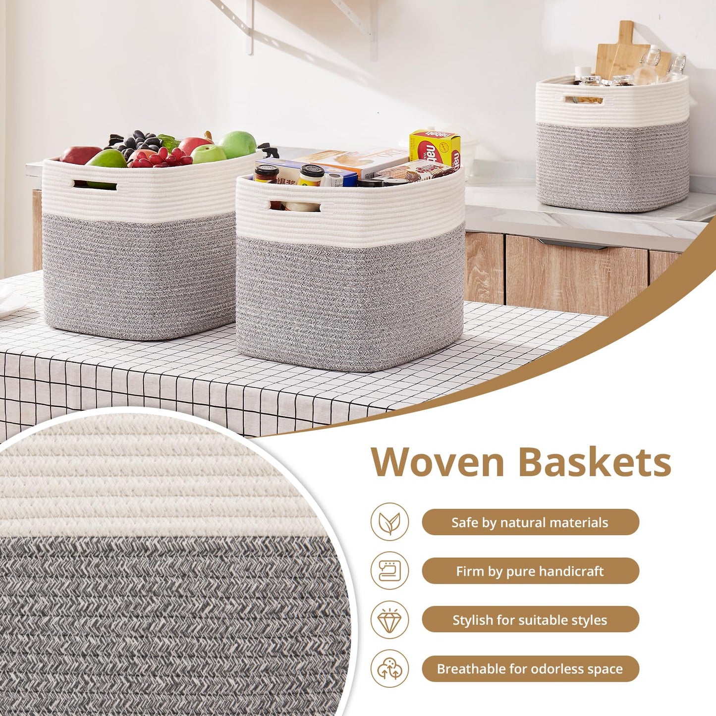 OIAHOMY - Cestas tejidas de cuerda de algodón para organizar 3 unidades de 13 x 13 x 12.6 pulgadas, cestas rectangulares de almacenamiento para ropa, cestas de almacenamiento para niños, sala de