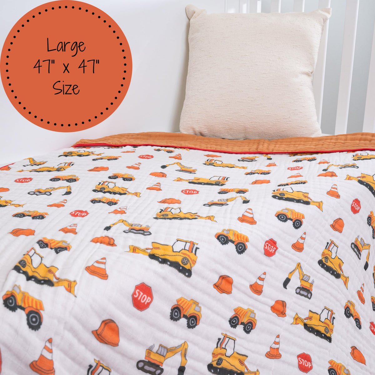 LollyBanks - Colcha de muselina para bebé, 6 capas, 100% algodón, 47 x 47 pulgadas, suave, ligera y transpirable para bebés y niños, manta acogedora para cuna para niños (impresión de construcción)