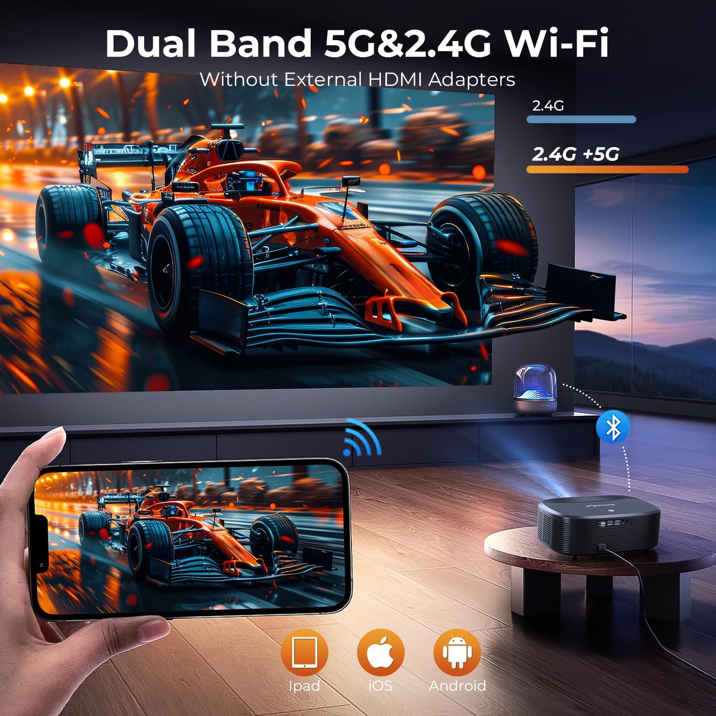 Proyector 4K con Wifi y Bluetooth, ELEPHAS Proyector de películas para exteriores con NETFLIX/Prime Video/YouTube integrado, más de 100.000 aplicaciones compatibles, proyector de video compatible con HDMI/USB/iOS/Android/Windows