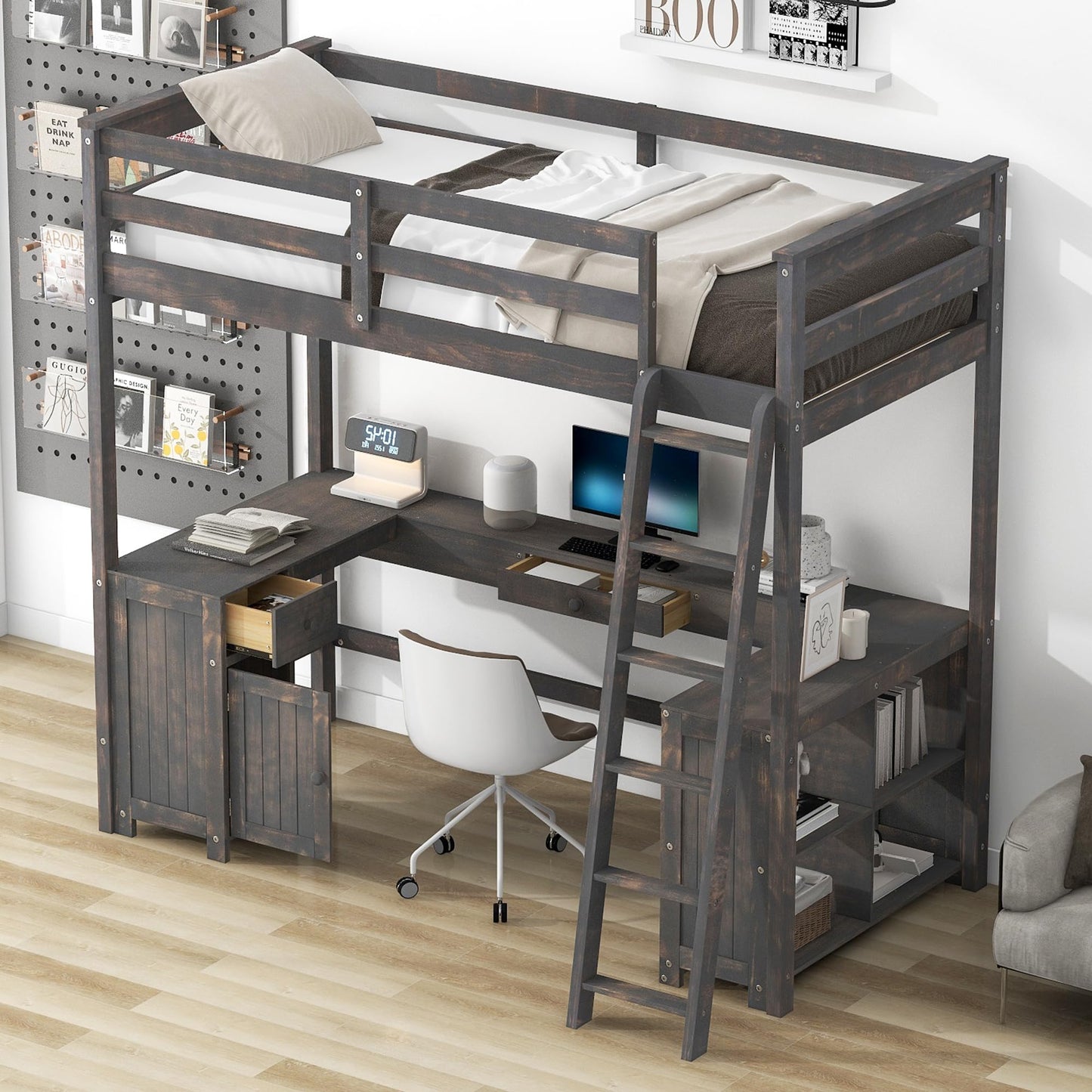 YOPTO - Cama Tipo Loft de tamaño Individual con 2 cajones y estantes de Almacenamiento, Marco de Cama de Madera con computadora en Forma de U y barandillas de Longitud Completa, Escalera, Muebles de