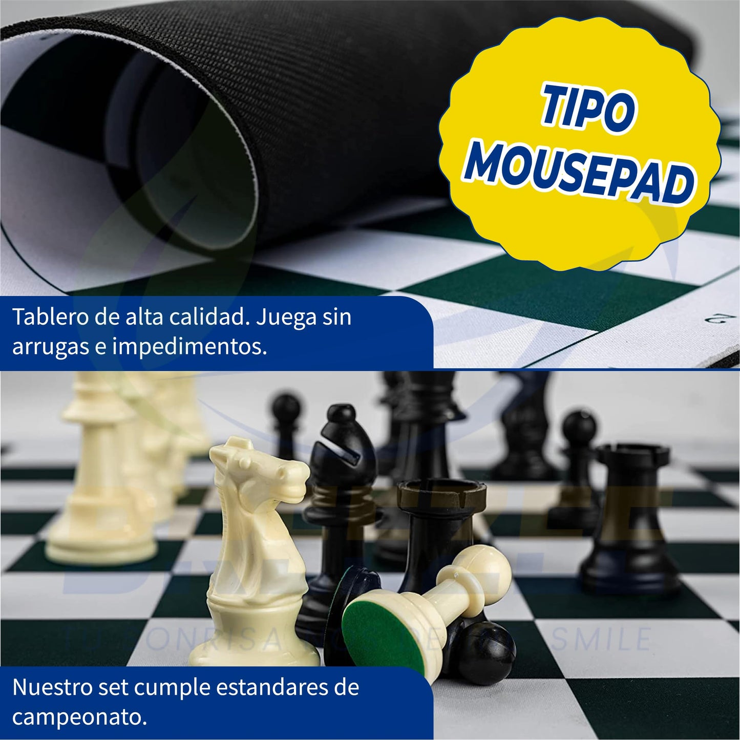 BREEZEE Juego de Ajedrez Profesional, Portátil Enrollable, 51x51 cm Tipo Mousepad Espesor 2 mm, 2 Reinas Extra y Bolsa de Viaje, Ajedrez Profesional con Piezas Pesadas para Torneo, Juegos de Mesa