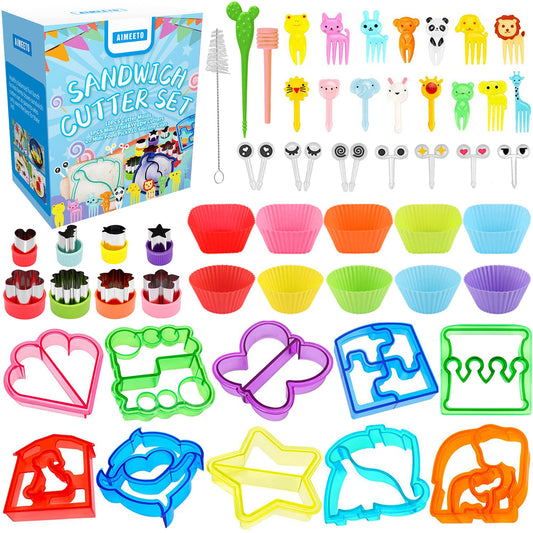 AIMEETO Set de Cortador de Sándwich, Todo en Uno Bento Box Kit de Accesorios Incluye Cortador de Pan de Sándwich, Cortador de Fruta, Divertidos Picos de Comida, Vasos de Silicona, Cepillo de Limpieza