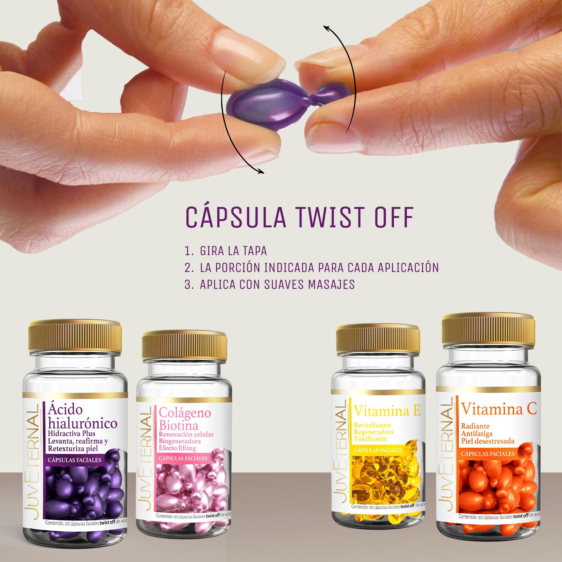 JUVETERNAL KIT Cápsulas Faciales Colágeno Biotina + Cápsulas Faciales Ácido Hialurónico + Cápsulas Faciales Vitamina E + Cápsulas Faciales Vitamina C