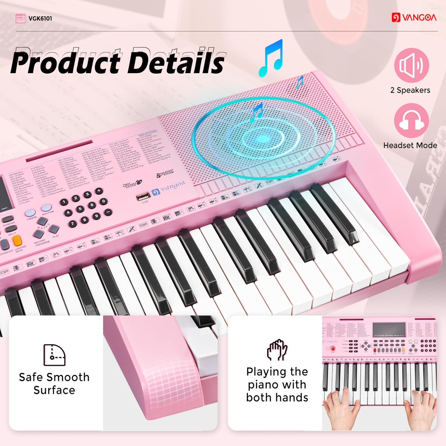 Teclado de Piano Vangoa Rosa 61 Teclas Kit Portátil con Micrófono para Niños y Estudiantes