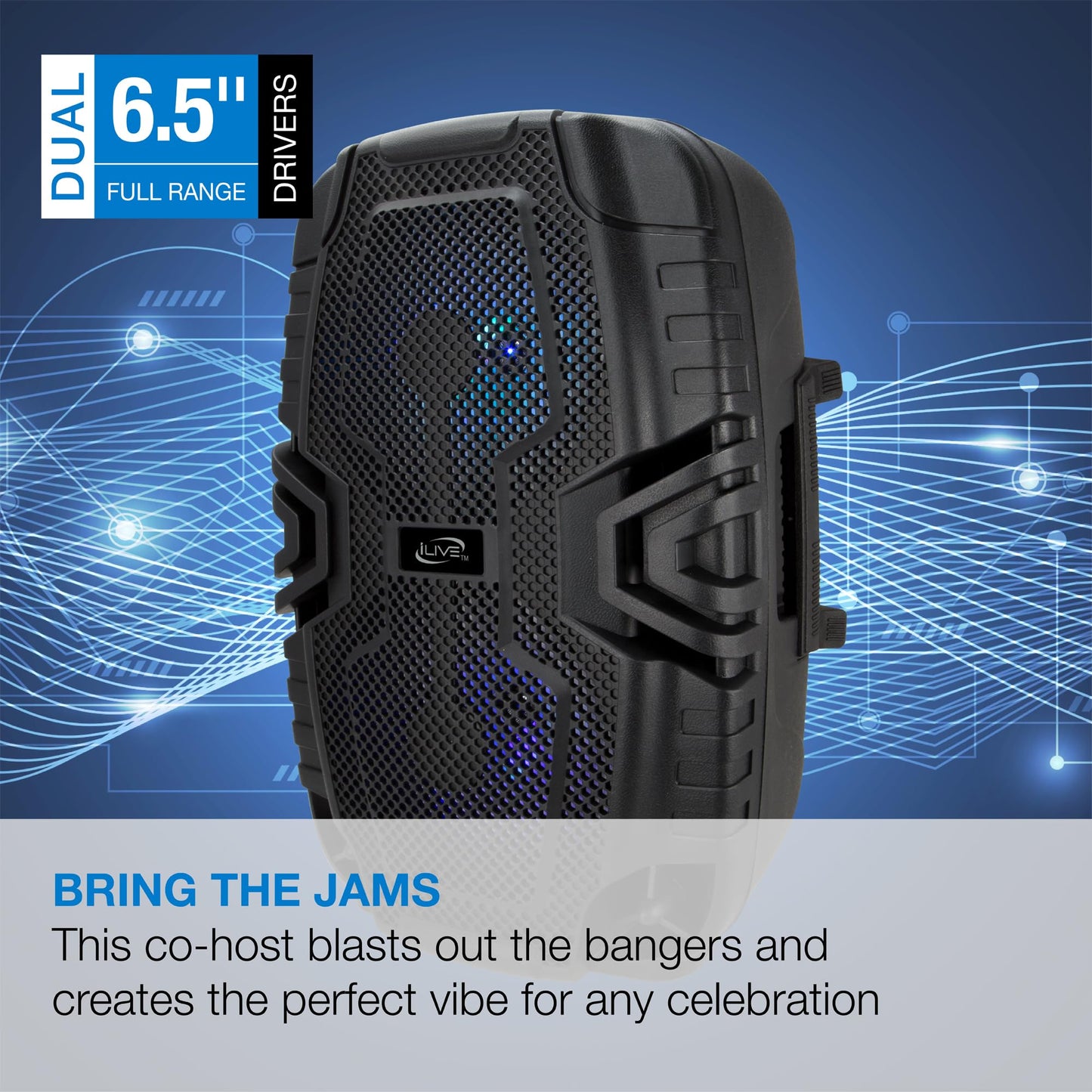 iLive Electronics - Altavoz inalámbrico para Fiesta de portón Trasero, Efectos de luz LED, asa de Transporte, Color Negro (ISB250B)