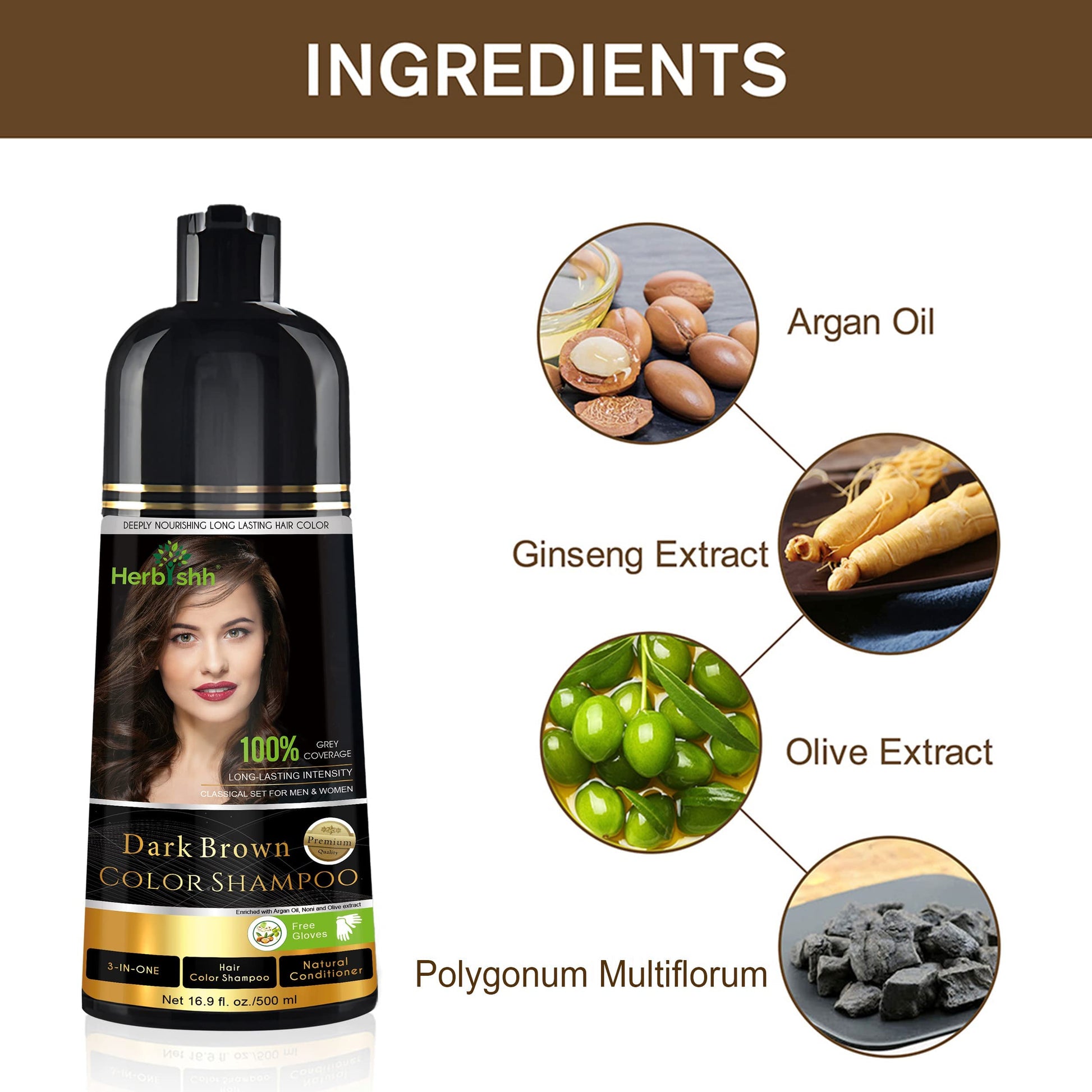 Herbishh - Champú colorante para cabello gris, champú con tinte natural para el cabello, colorea el cabello en minutos, dura hasta de 3 a 4 semanas, 500 ml, tinte de cabello 3 en 1, sin amoniaco | (marrón oscuro)