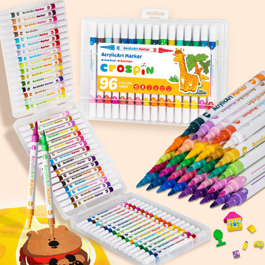 CROSPIN 96 Colores/48 Bolígrafos Plumones Acrilicos Doble Punta, Rotuladores de Pintura Acrílica, Marcadores Acrilicos de Pintura Premium para Pintura Vidrio, Tela, Kit de Calabazas, Manualidades Diy