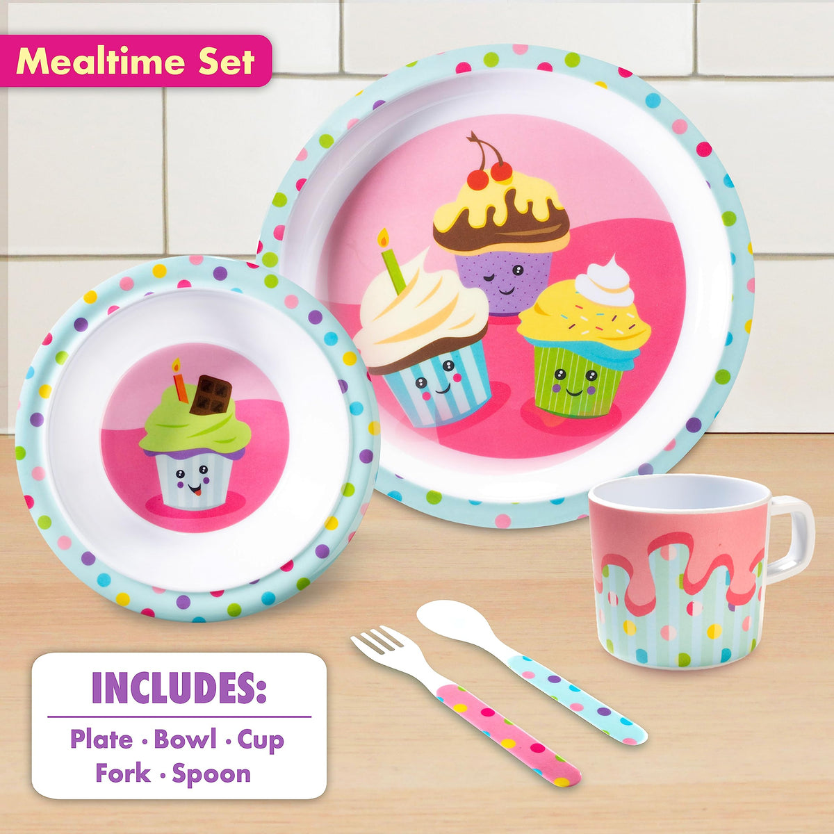 Juego de 5 piezas de alimentación para niños y niños pequeños – Cupcake – Incluye plato, tazón, taza, tenedor y cuchara, utensilios de cubiertos – Duradero, apto para lavaplatos, última intervensión