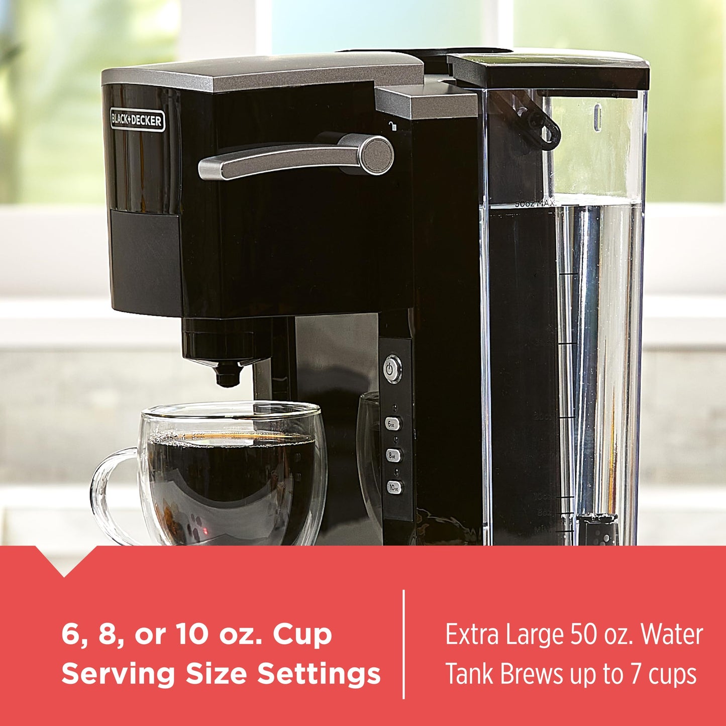 BLACK+DECKER Family Single Serve K-Cup Brewer: Depósito de agua grande de 50 onzas, versátil compatibilidad con café molido y K-Cup, bandeja ajustable para tazas de viaje