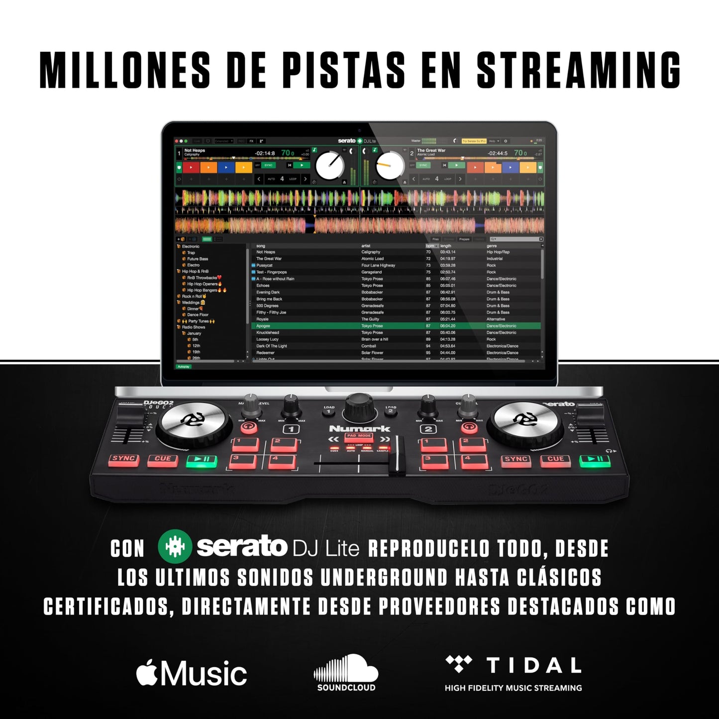Numark DJ2GO2 Touch - Mini controlador DJ USB, 2 decks para Serato DJ con mezclador/crossfader, interfaz de audio y jog wheels de sensibilidad táctil