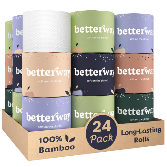 Papel Higiénico Betterway Bambú 3 Capas Sostenible 24 Rollos Dobles 360 Hojas Orgánico Sin Plástico Certificado FSC