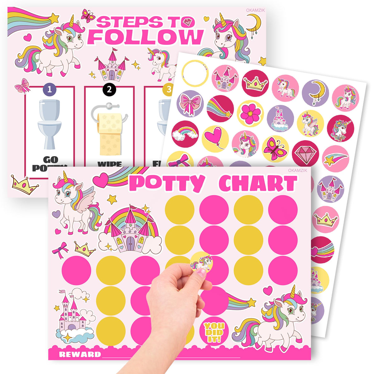 Tabla de entrenamiento para ir al baño para niñas, tema de unicornio, 8.3 x 11.2 pulgadas, paquete de 10 cartas con 5 pegatinas de recompensa