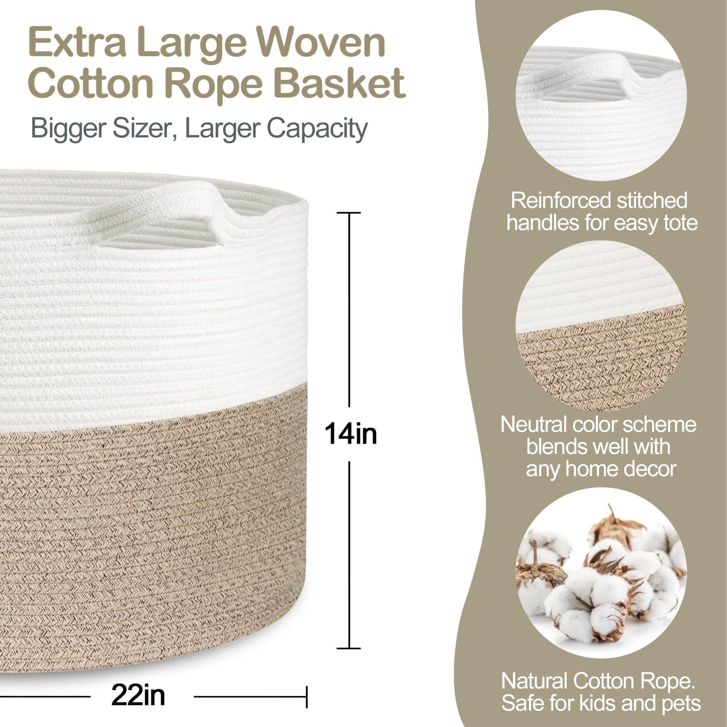 MEGASKET Large Rope Storage Basket, 22" X 22" X 14" Extra Large Woven Baskets for Storage, Cotton Rope Basket for Blankets Toys, Wicker Storage Baskets for Organizing, Wicker Laundry Basket Hamper