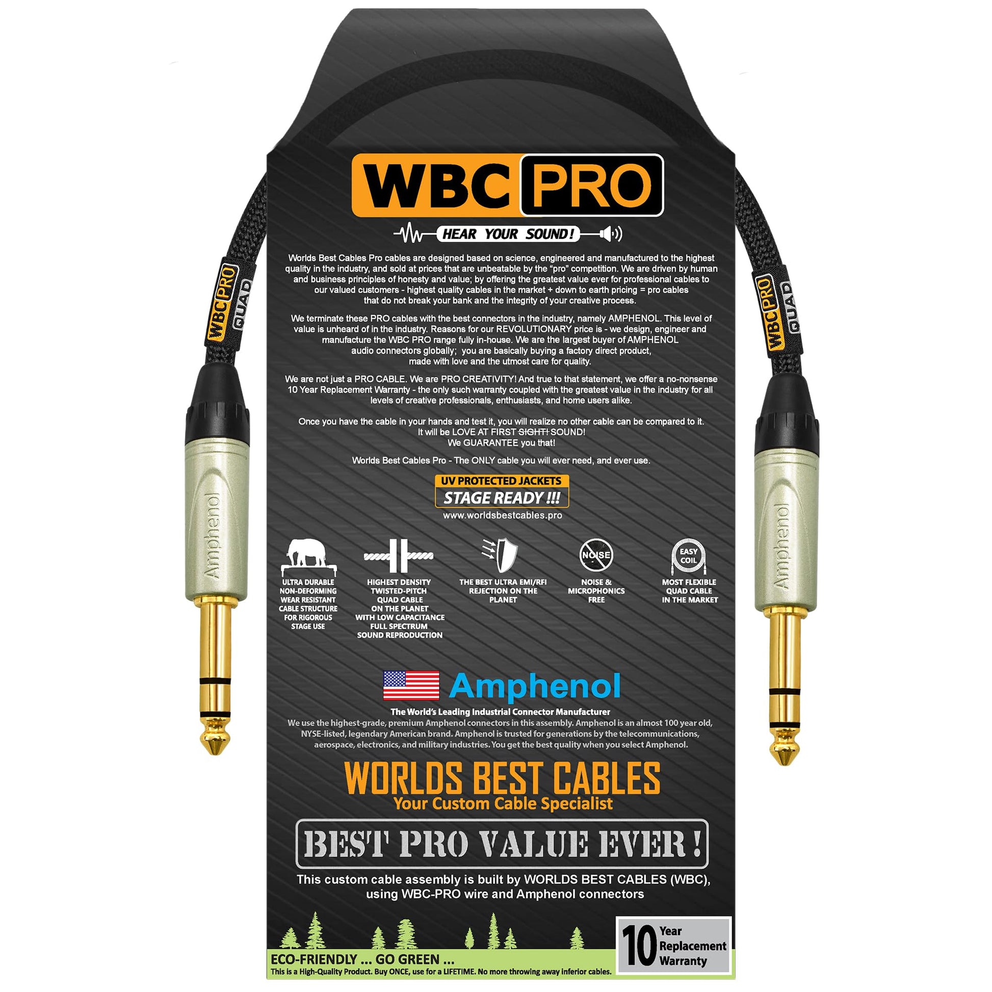 Cable Balanceado Star-Quad WBC-PRO Negro Tweed Flexible y Silencioso con Conector Amphenol QS3P-AU Oro TRS Estéreo