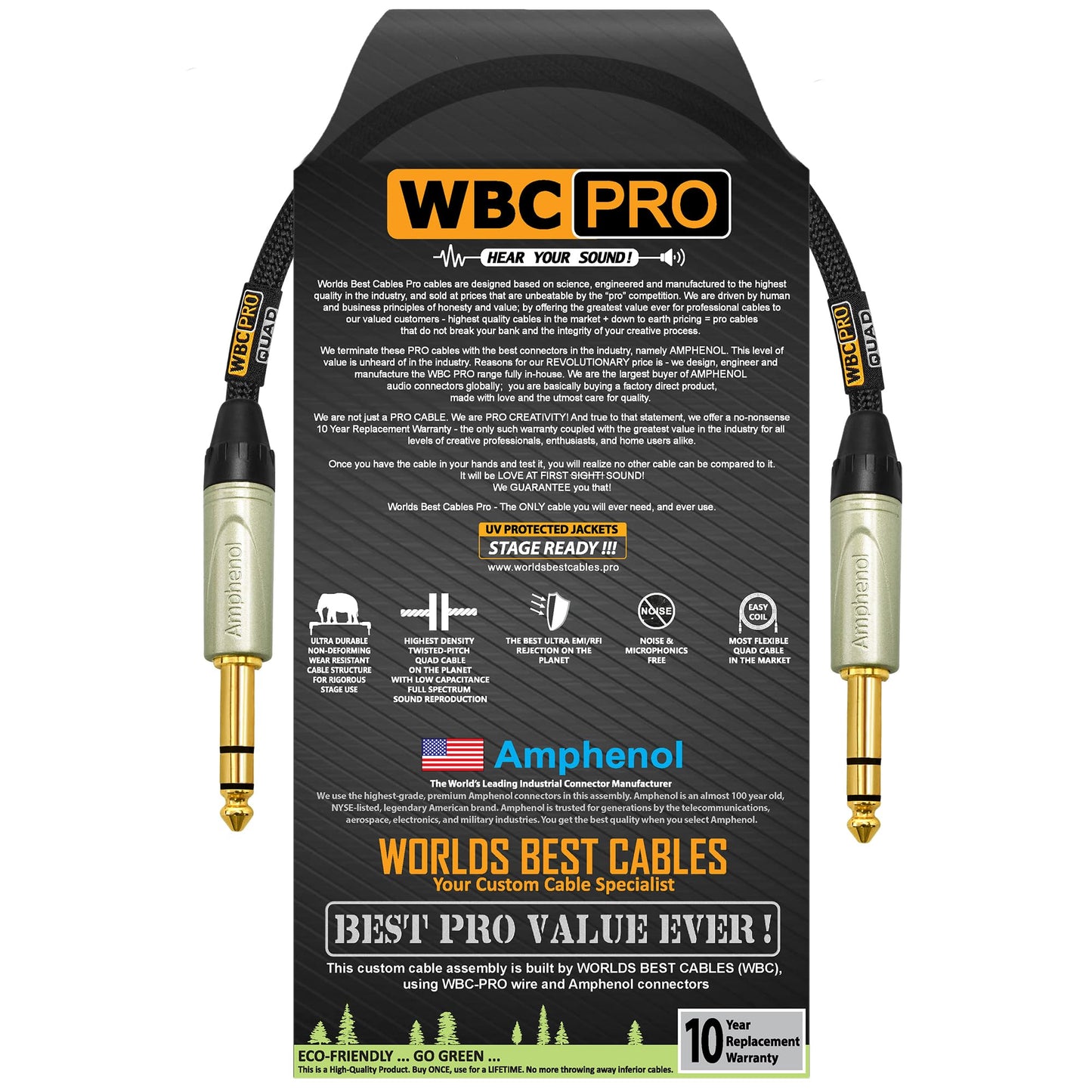 Cable Balanced Star-Quad WBC-PRO Tweed Negro Ultra Silencioso Ultra Flexible con Conectores Amphenol QS3P-AU Oro 6,35 mm TRS Estéreo