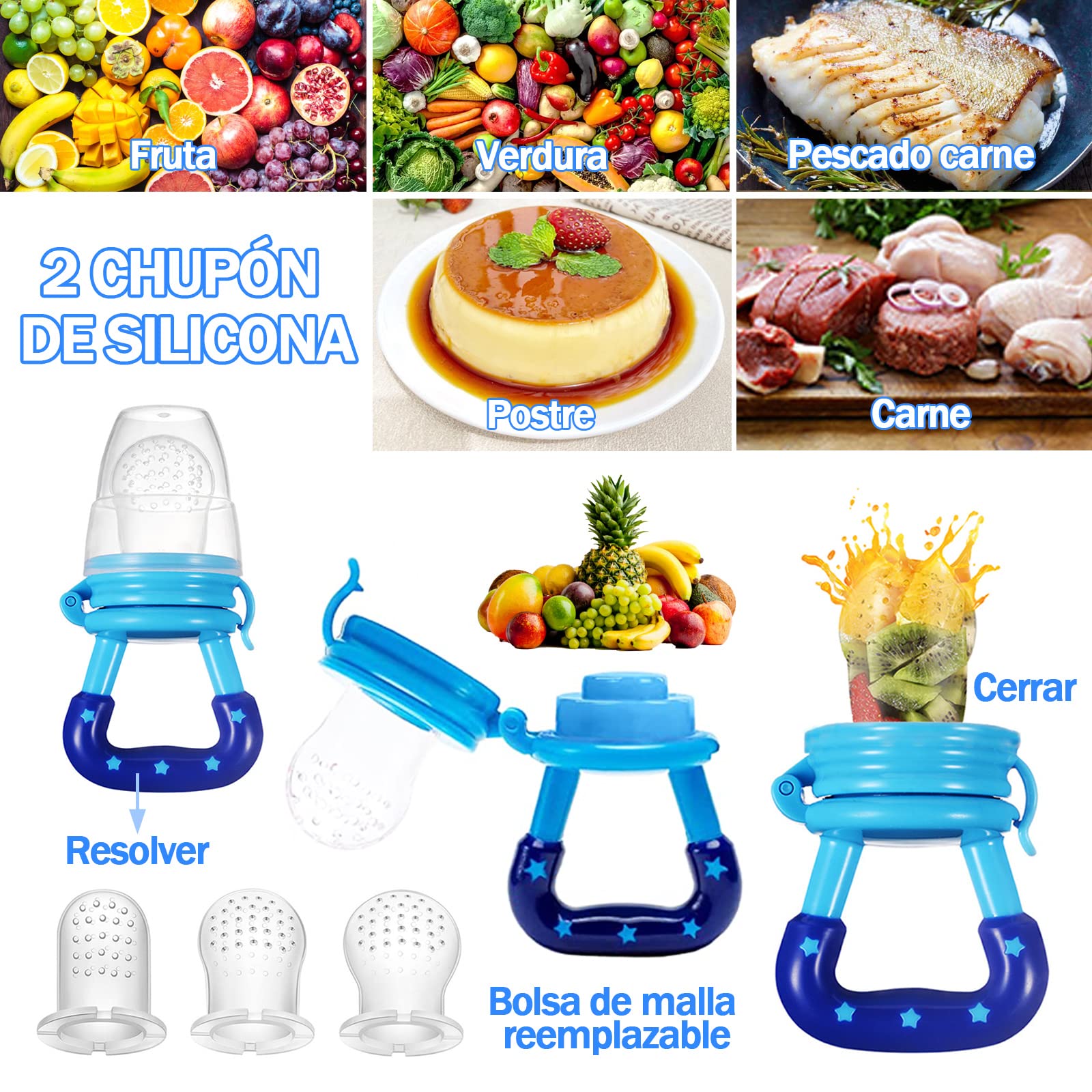 Juego de Chupón Alimentador para Bebé, Azul, de Silicona Libre de BPA