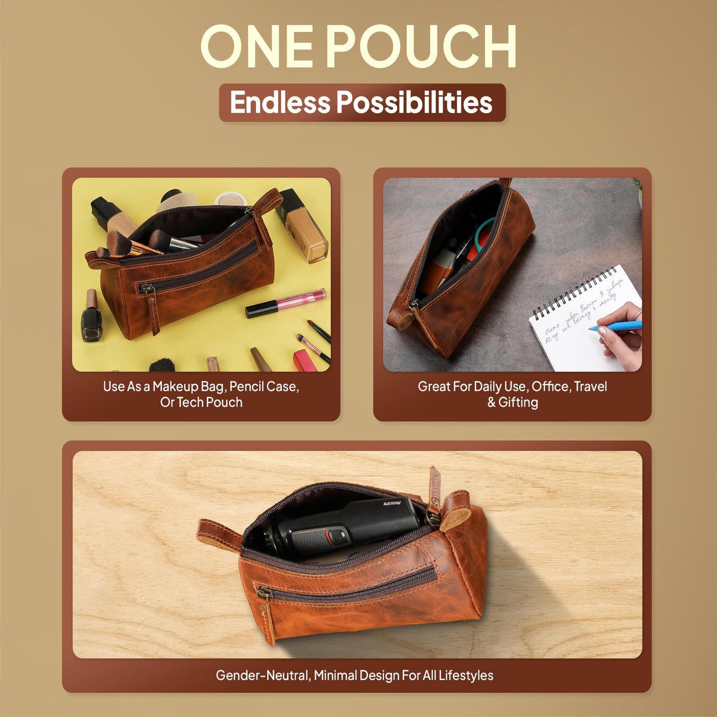 TheAntiq - Bolsa de maquillaje de piel bronceada (8 x 3.5 x 3 pulgadas) - Estuche pequeño para cosméticos para bolso, estuche de maquillaje multiusos con cremallera para viajes o regalo, organizador