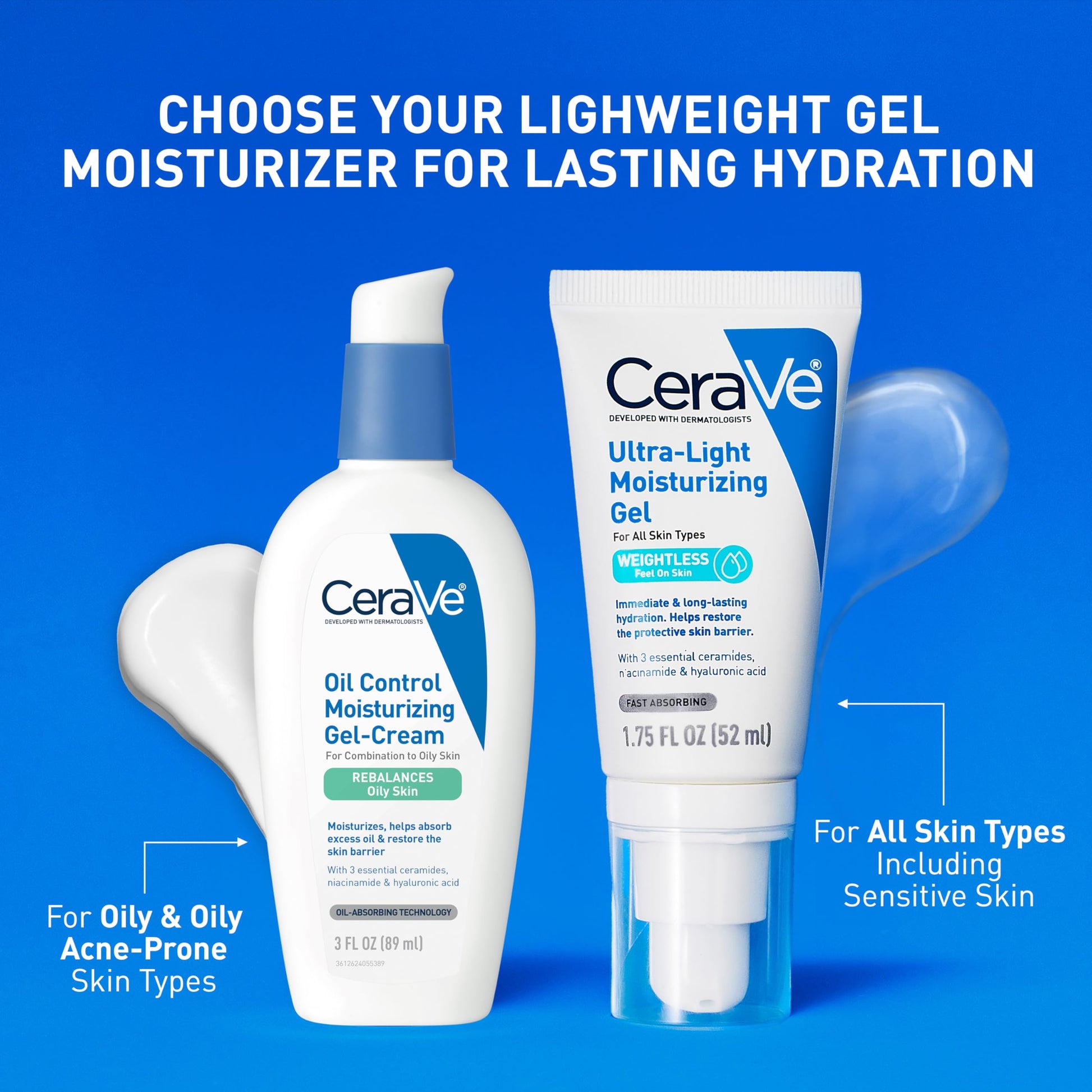 CeraVe- Gel hidratante ultraligero | Gel hidratante facial con ceramidas, niacinamida y ácido hialurónico