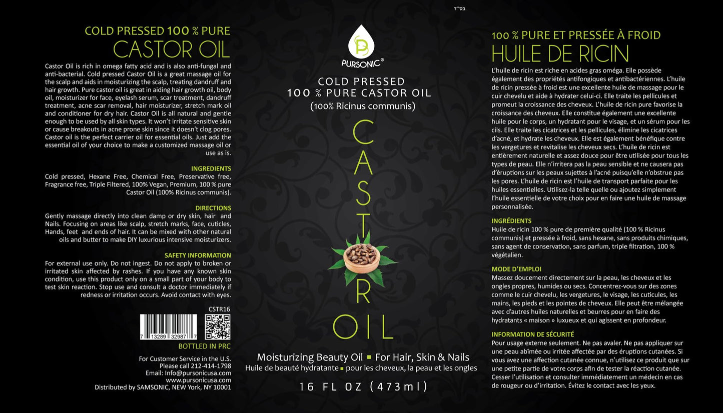 Aceite Orgánico de Ricino Puro 16 oz para Crecimiento Capilar y Piel Nutrida - Sin Hexano - Prensado en Frío - Cabello y Piel Seca Saludable.