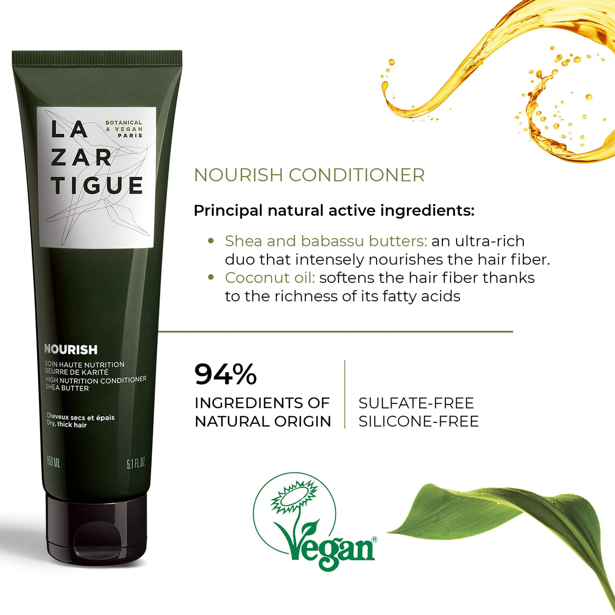 Lazartigue Nourish Acondicionador Nutritivo I Hidrata profundamente el cabello I Manteca de karité y babasú y aceite de coco I Cabello seco y grueso I 150 ml