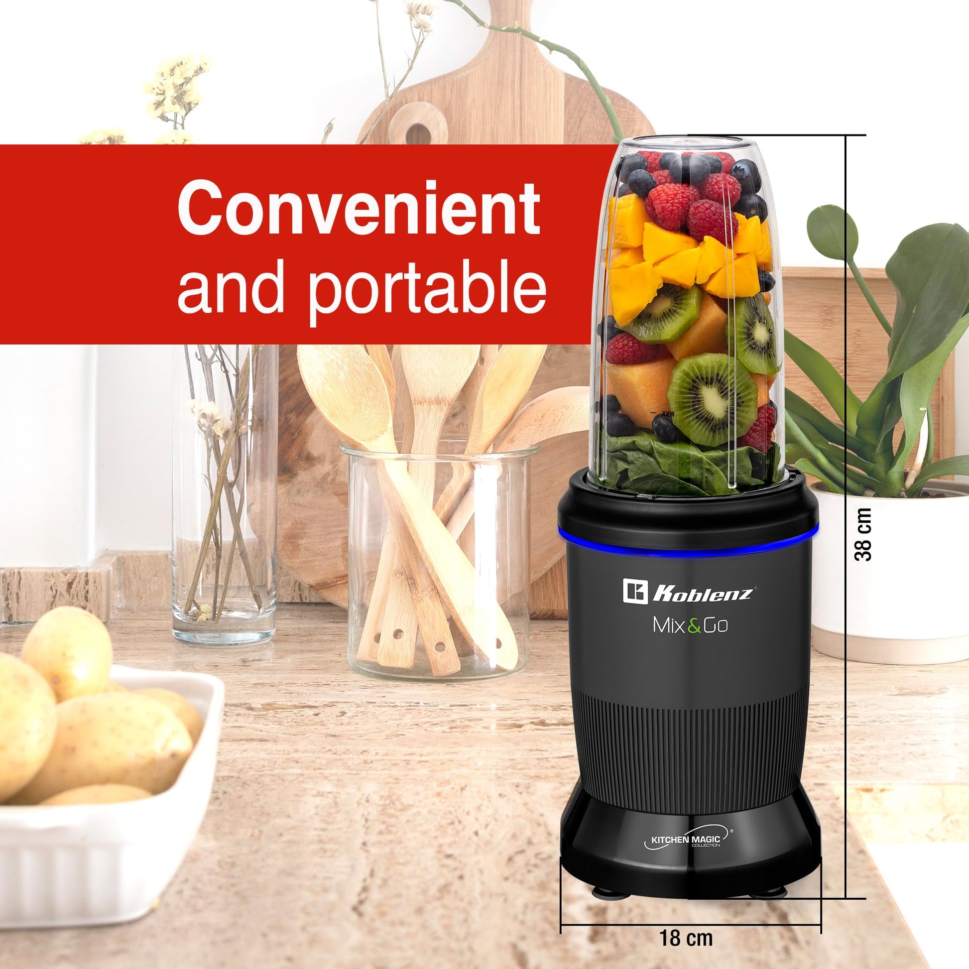Licuadora Personal Koblenz Mix&Go Batidora Portátil, 1000 Watts, Kit Completo, 12 Accesorios con 2 Vasos de Tritán y 1 Vaso de Acero, Cuchillas de Acero, Ideal para Jugos y Smoothies Negro BKM-1000