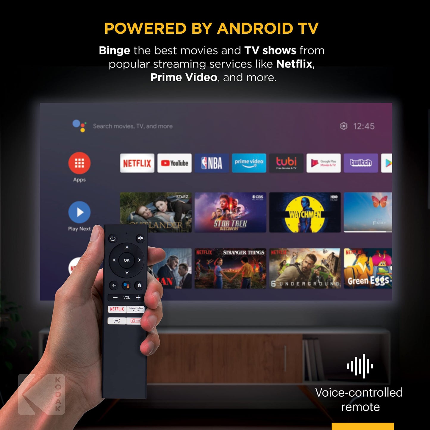 KODAK FLIK HD9 Proyector inteligente | Mini película portátil negra para interiores y exteriores con aplicaciones de transmisión de TV Android, Wi-Fi y Bluetooth, altavoces integrados y control remoto de voz, FHD 1080p para pantallas de hasta 120 pulgadas