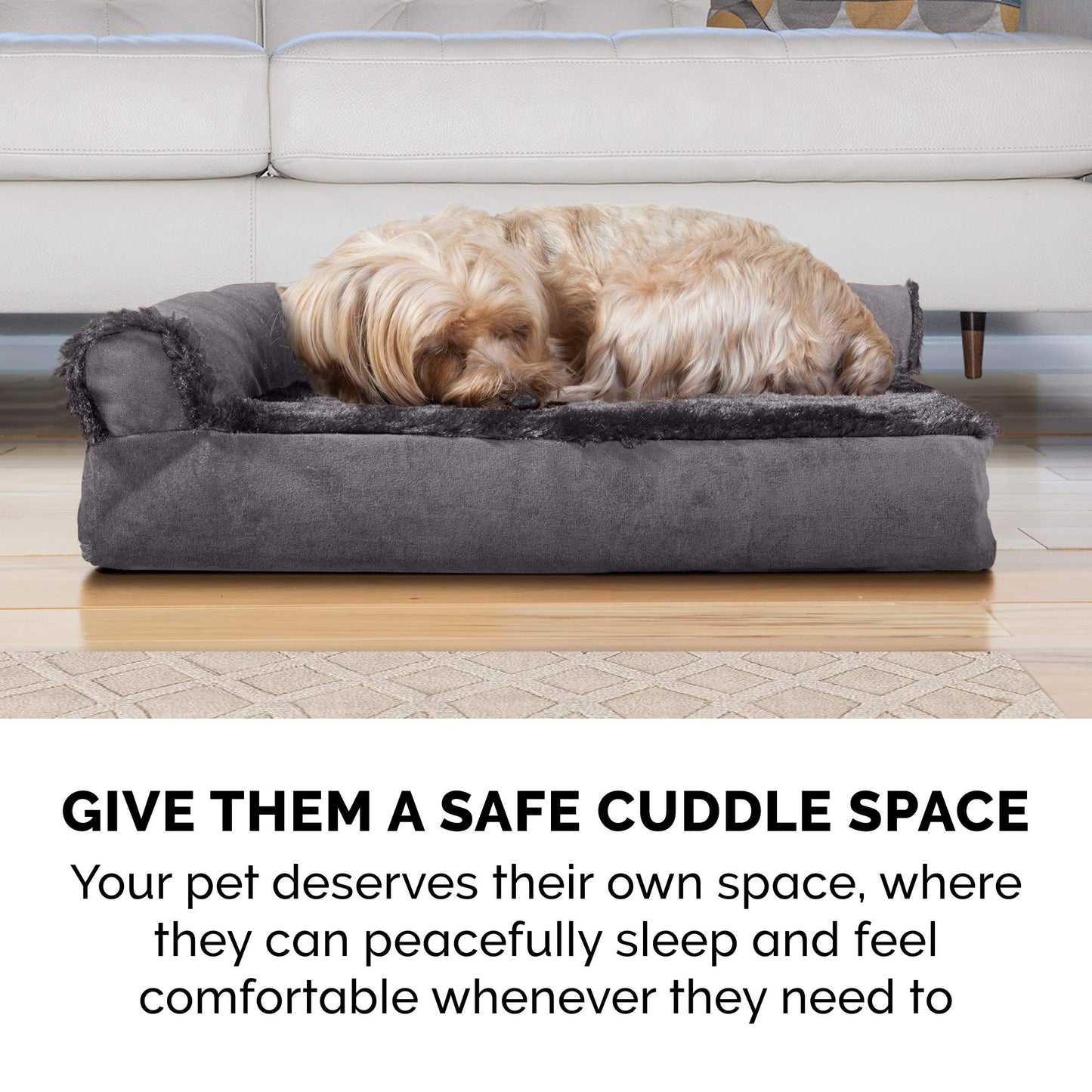 Furhaven XXL Orthopedic Dog Bed Plush & Velvet L Shaped Chaise w/Removable Washable Cover - Platinum Gray, Jumbo Plus (XX-Large)