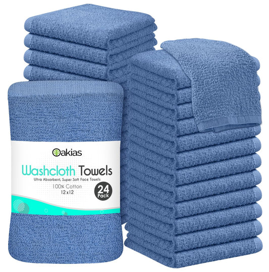 Oakias - Toallitas 100 % de algodón, paquete de 24, toallas faciales y de spa, 30.5 x 30.5 cm, de secado rápido, a granel, azul