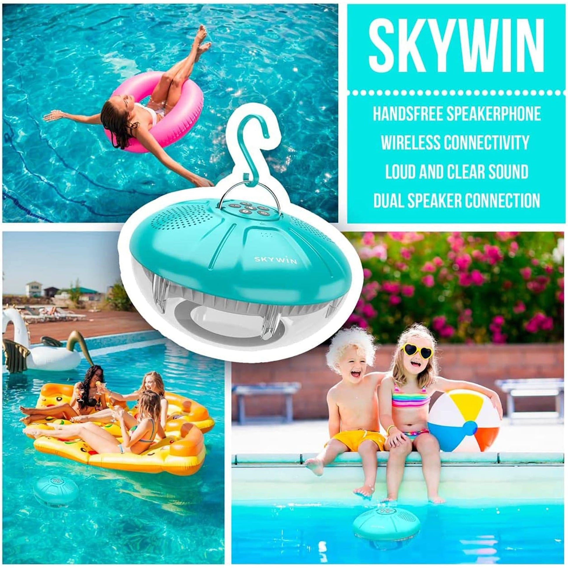 Skywin Hot Tub Speakers and Speakerphone - Disco Light Floating Waterproof IPX7 Large Wireless Pool and Shower Speaker - Pool Speakers Support Dual Speaker Connection and Feature Quality 2.1 Sound