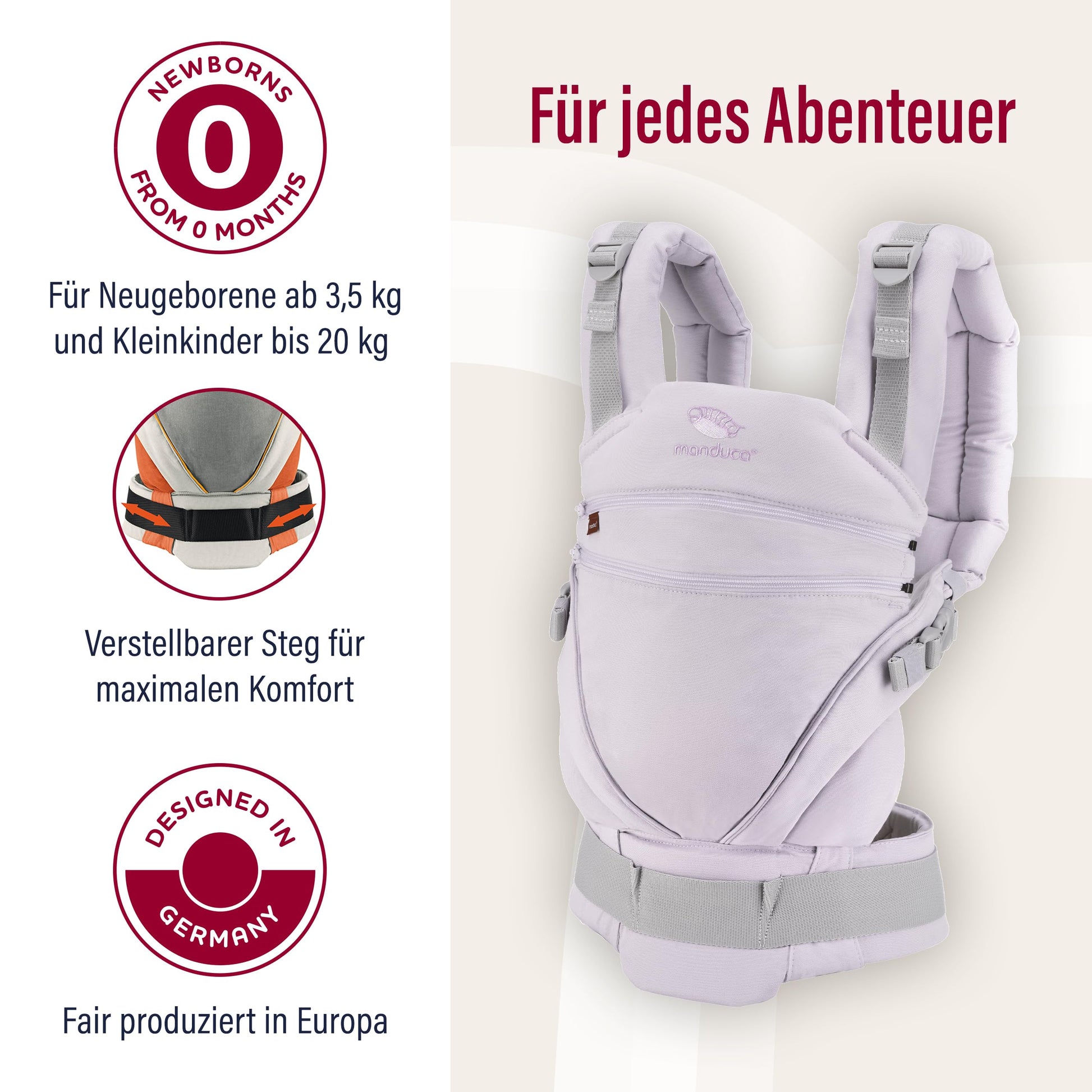 Manduca XT, portabebés con asiento ajustable, 3 posiciones de transporte (delantero, cadera y espalda), algodón orgánico, crece con tu bebé (3,5-20 kg), Monochrome Lavender, XT Cotton