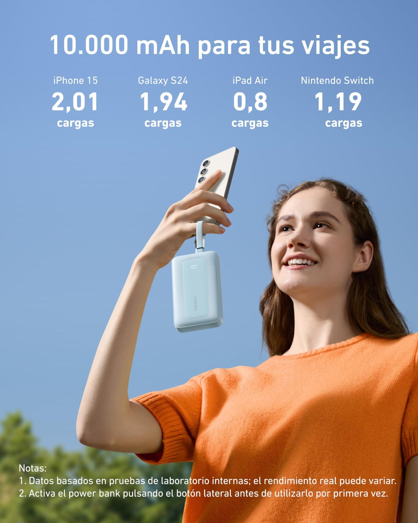 Power Bank Anker Zolo Negro Integrado Carga Rápida 30W para iPhone y Samsung