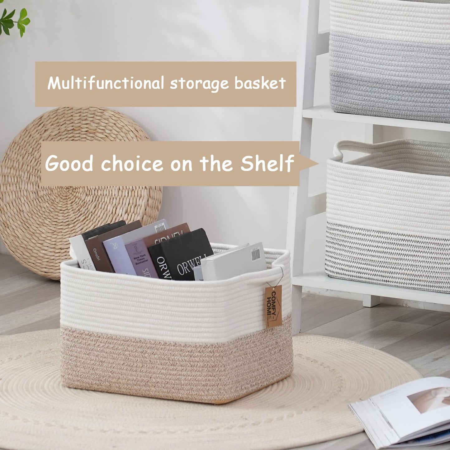 COMFY-HOMI Cesta tejida de cuerda de algodón con asas para estantes, juguetes, libros, cestas de almacenamiento de tela para organizar, 1 organizador decorativo de juguete para sala de estar, baño