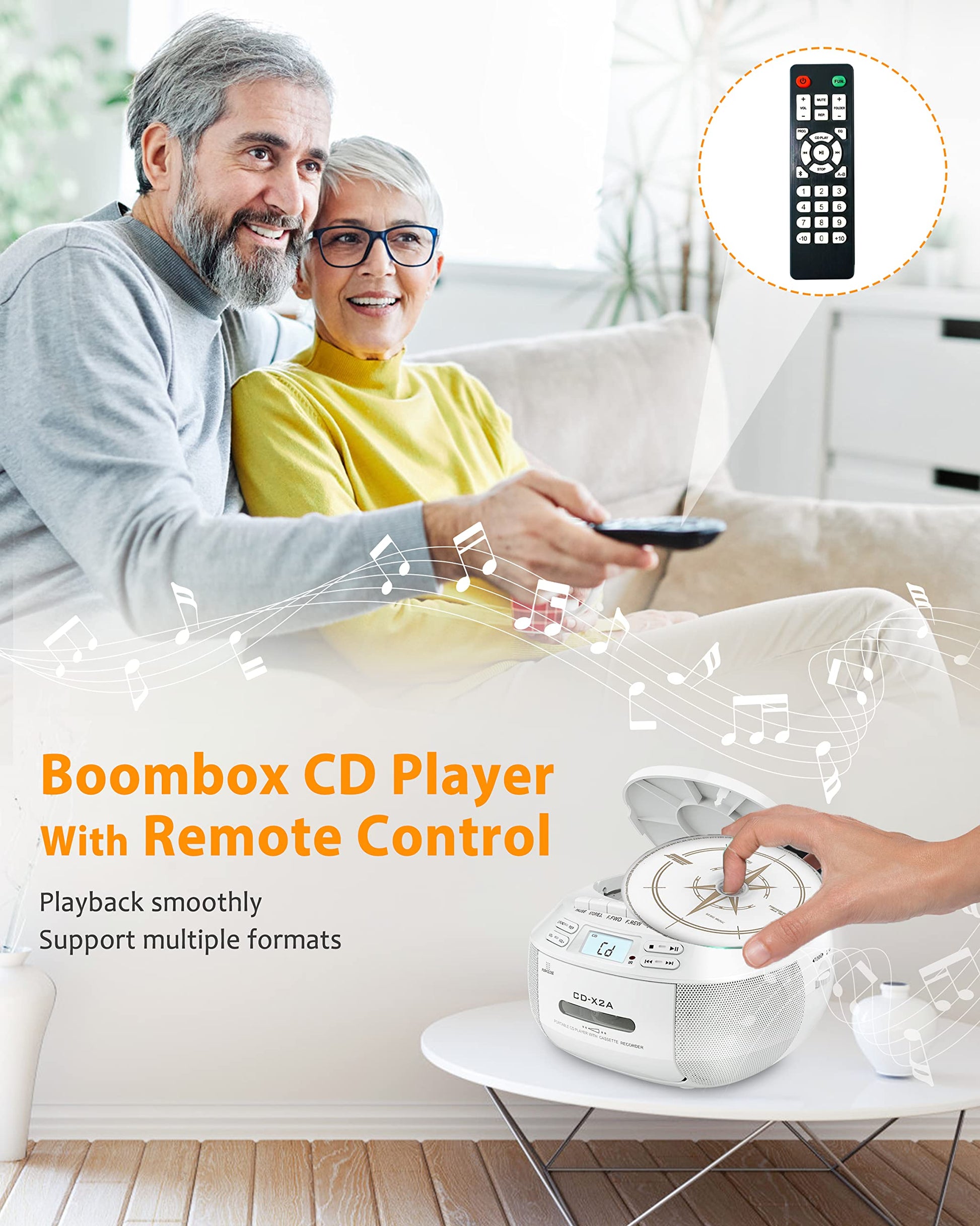 Greadio Reproductor de CD Boombox Cassette Combo con Bluetooth, radio AM/FM, sonido estéreo con control remoto, unidad AUX/USB, grabación de cinta, alimentación CA/CC, conector de auriculares,